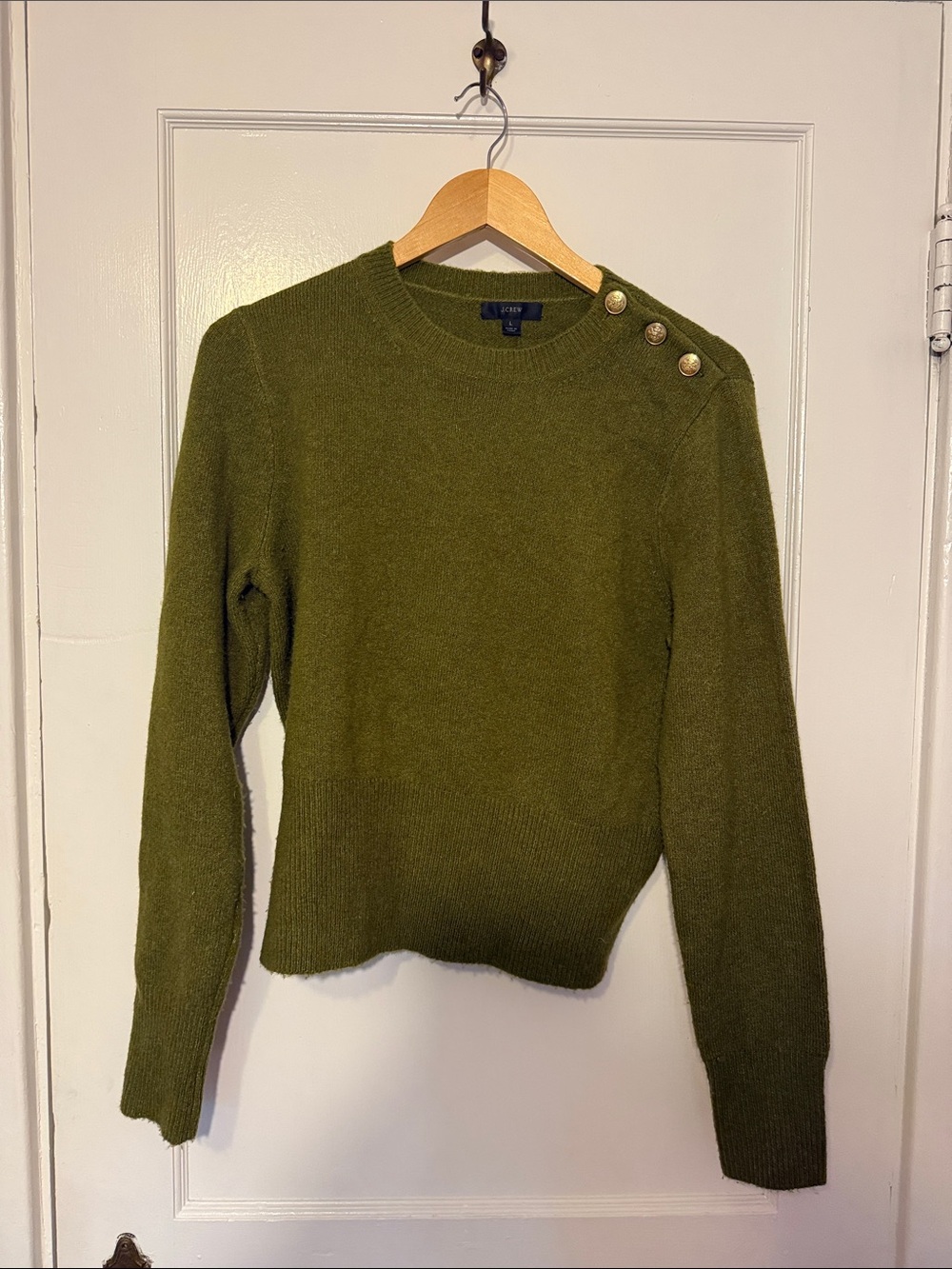 J. Crew Olive Green Crewneck Sweater with Shoulder Buttons